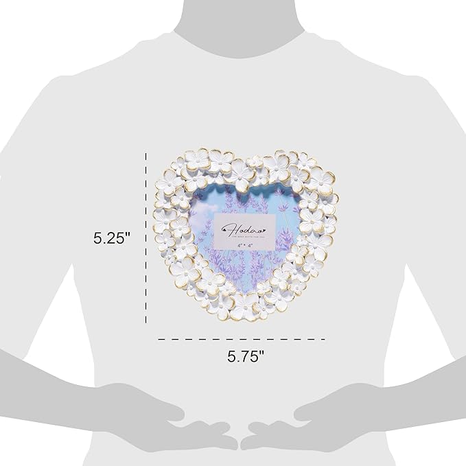 Hodao 4x4 Inch 3D Floral Heart Shaped Frame - Hand-Crafted Resin Picture Frame with White & Gold Accents for Wedding, Valentine’s Day & Romantic Home Decor (White Gold-Heart)