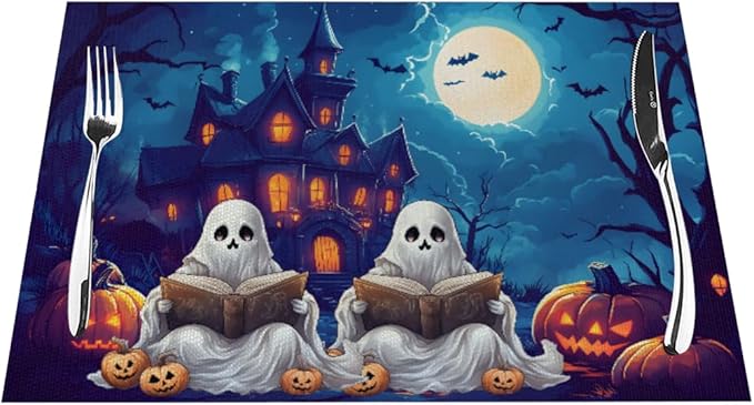 PVC Placemats Set of 4 Wipeable Table Mats Washable Heat Resistant Non Slip Vinyl Dining Table Mat for Kitchen Indoor Outdoor Patio Farmhouse Place Mats Halloween Pumpkin Ghosts Castle Decorative