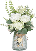 Artificial Fake Flowers in Vase, Faux Silk Roses Floral Hydrangea Bouquet with Vase, Table Centerpiece Decorations Wedding Bouquets for Party Office Farmhouse Kitchen Home Decor, White