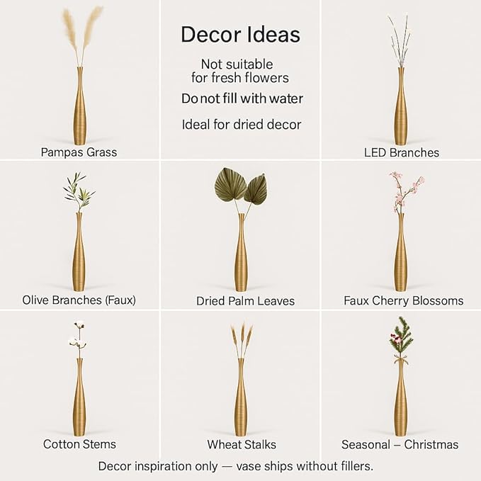 Leewadee Large Gold Home Decor Floor Vase - Wooden 26 inch Tall Farmhouse Decor Flower Holder for Fake Plant and Pampas Grass
