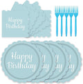 72PCS Light Blue Paper Plates Happy Birthday 7 Inch Scalloped Dessert Plate and Napkins Forks Disposable Cake Salad Fruit Decorative Party Tableware for Birthday Baby Shower Garden Party, Serve 24