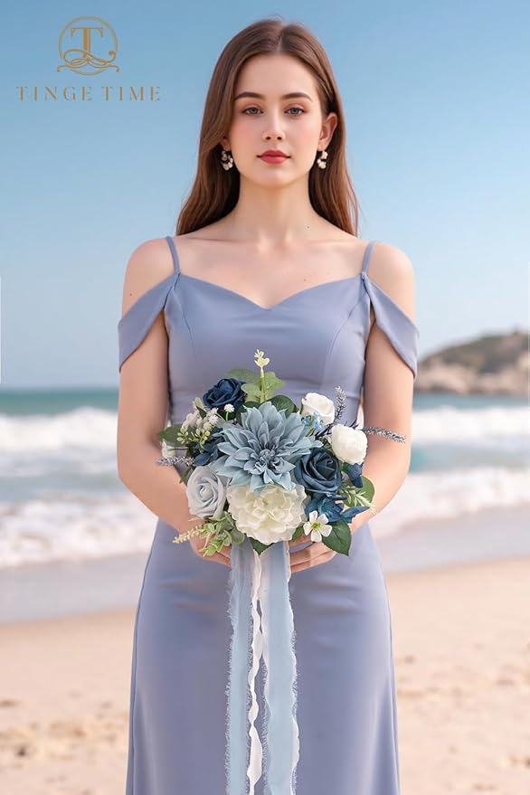 TINGE TIME 7inch Wedding Bouquets for Bridesmaid, Artificial Flowers Cascading Bridal Bouquet for Wedding (DarkBlue, Set of 4)