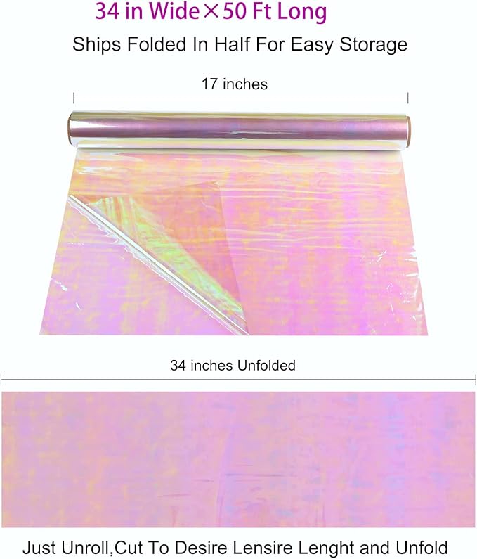 Giiffu Iridescent Cellophane Wrap Roll, 34" Wide x 50 Ft Long | Holographic Film for Gift Baskets, Floral Bouquets, Easter Gifts & Craft Projects