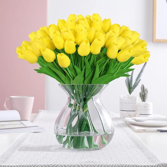 30 Pcs Fake Latex Tulips Artificial Flowers Faux Tulip Stems Real Touch Tulips for Wedding Party Home Decoration(Yellow)
