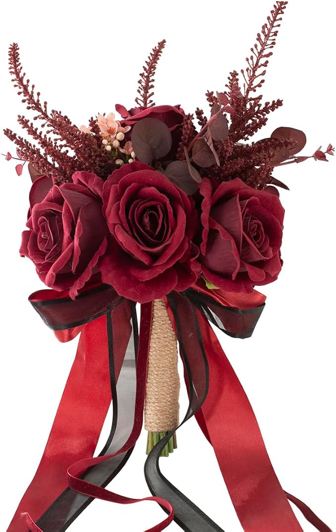 Dark Burgundy Wedding Bouquets for Bride Bridesmaids, Bridal Bouquet for Wedding Silk Artificial Flowers