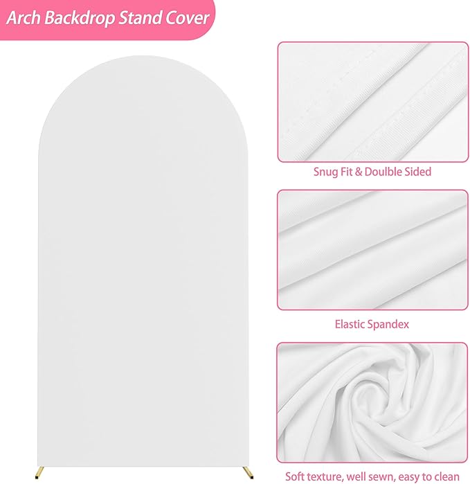 Putros 6.6ft Metal Arch Stand with Cover White Spandex Fitted Wedding Arch Cover and Round Top Chiara Backdrop Stand Set for Birthday Party Baby Shower Decoration