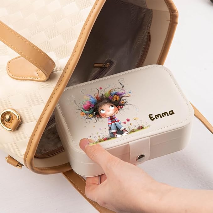 callie Personalized Quirky Girl Jewelry Box - Custom Name & 15 Pattern, 2 Layer PU Leather Travel Makeup Box Organizer Case, Birthday Christmas Gift for Women Girls