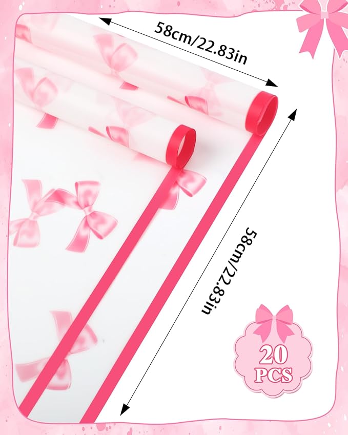 Liobelon 20 Sheets Flower Wrapping Paper Waterproof Bouquet Paper Bow Pattern Rose Pink Gift Wrapping Paper for Flower Shop, Wedding, Birthday Party, Handmade DIY, Anniversary 22.8 x 22.8Inch