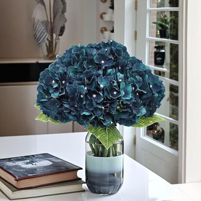 2Bouquets Artificial Fake Flowers Plants Silk Hydrangea Arrangements Wedding Bouquets Decorations Plastic Floral Home Kitchen Garden Party Festival Bar DIY((Dark Peacock Blue)