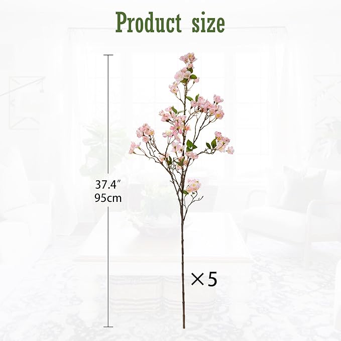 DILATATA Artificial Cherry Blossom Flowers 5 Pcs Silk Cherry Blossom Stems 37.4 Inch Long Stems Faux Silk Peach Flowers for Tall Vase Spring Decor Wedding Party Home Table Arrangement - Pink