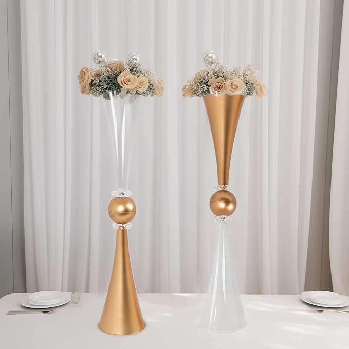 Efavormart 2 Pack Clear Gold Crystal Embellishment Trumpet Table Centerpiece, Reversible Plastic Flower Vase - 27"