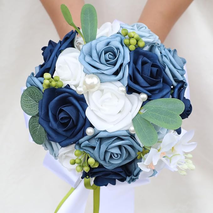 Lightweight Bridal Wedding Bouquet Round Holding Bouquet Throw Toss Artificial Rose Flower Bunch for Bride Bridesmaid Wedding Quinceanera (White & Shades of Blue, 6.7")