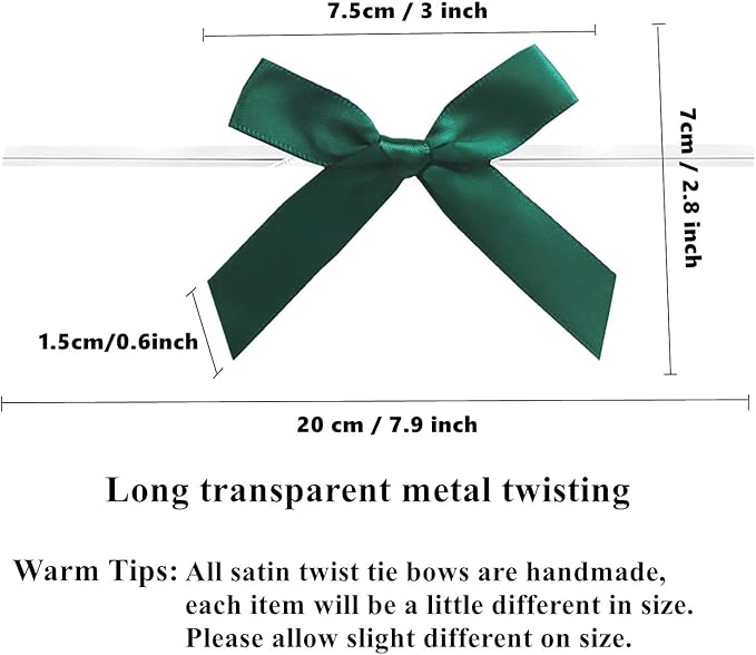 50 Pieces Bow Twist Ties for Bags, Satin Twist Tie Bows for Cake Pops, Twist Bows for Treats, Pre Tied Bows for Gifts Wrapping, Ribbon Bows, Pretied Bows Ties for Gift Wrap Bows(Dark Green)