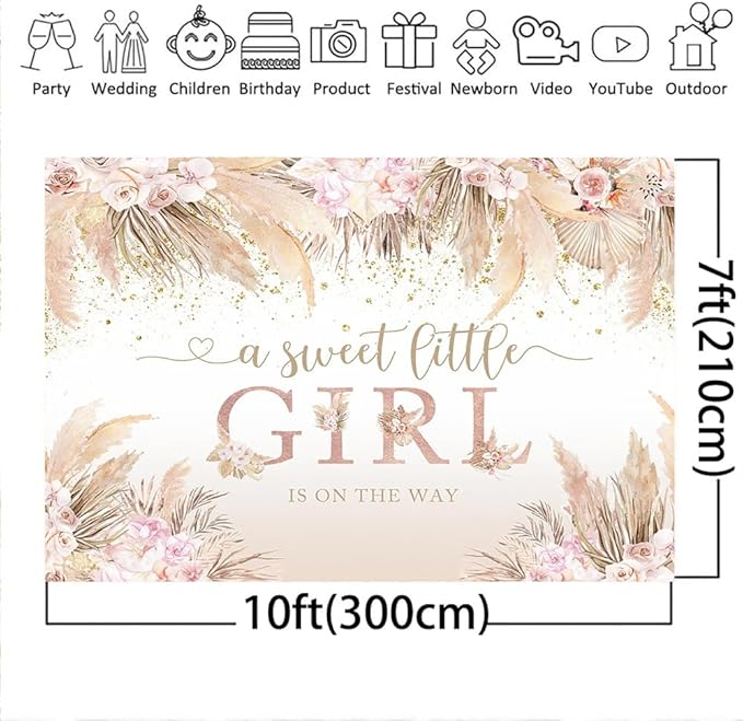 Mocsicka Boho Hello Baby Backdrop Boho Chic Pink Flowers Baby Shower Background Vinyl A Sweet Little Girl is on The Way Party Cake Table Decorations Photo Booth (10x7ft)