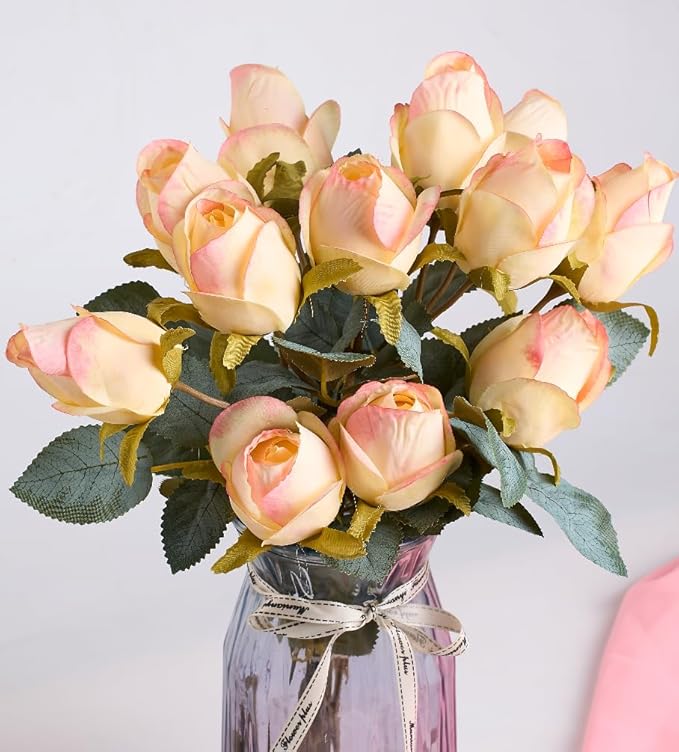 Rose Artificial Flower Buds 12pcs Realistic Faux Silk Roses Fake Flowers Bouquets Arrangements Decor for Wedding Spring Mother's Day, Home Table Decorations, Yellow Flower
