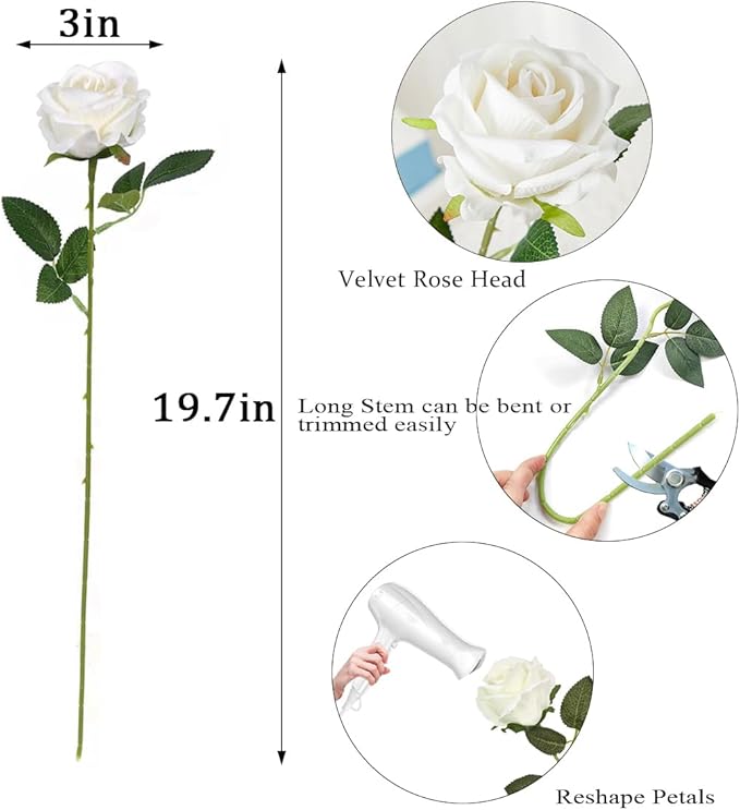 Artificial Roses 50 Pcs Velvet Silk Rose Real Touch Long Stem Fake Flowers Bulk for Flower Arrangement Wedding Centerpieces Home Party Decor (White)