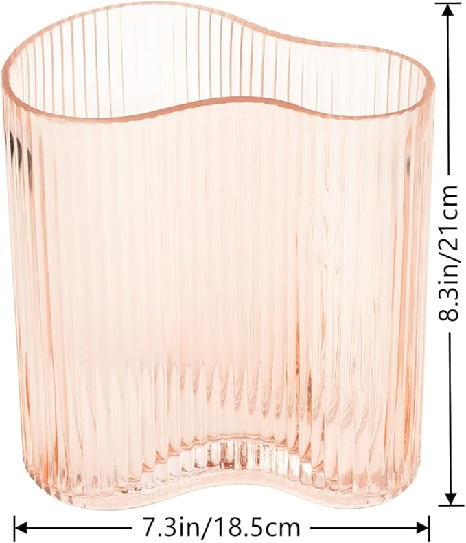 Glass Vase for Centerpieces,Modern Large Vase for Flowers,Footprint Shape Striped Bottle for Home,Office Restaurant Desk Decor 8.3 Inch(Pink)