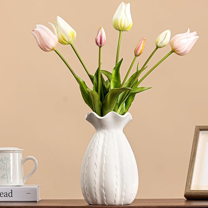 White Ceramic Vase with Ruffled Rim & Scalloped Texture - 8.5" Unique Flower Vase for Pampas Grass & Centerpieces, Decorative Boho/Farmhouse Vase for Living Room, Office Desk & Gift for Her/Yourself