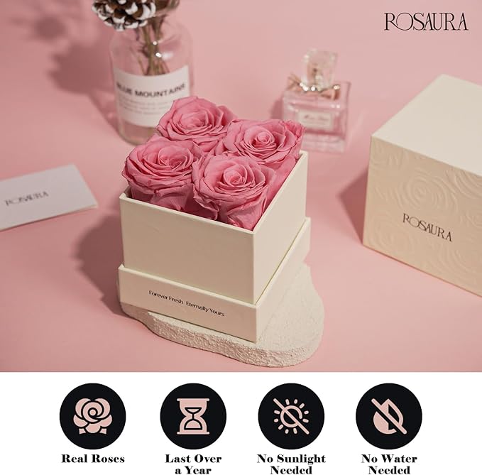 Rosaura 4-Piece Eternal Preserved Roses & Flowers Gift Box - Forever Lasting Real Roses, Preserved Flowers for Christmas, Valentine's Day Pink