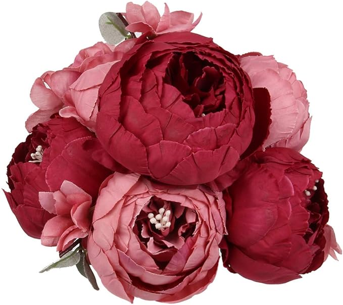 Flojery Silk Peony Bouquet Vintage Artificial Peonies Flower for Home Wedding Party Decor (1pcs, Burgundy)