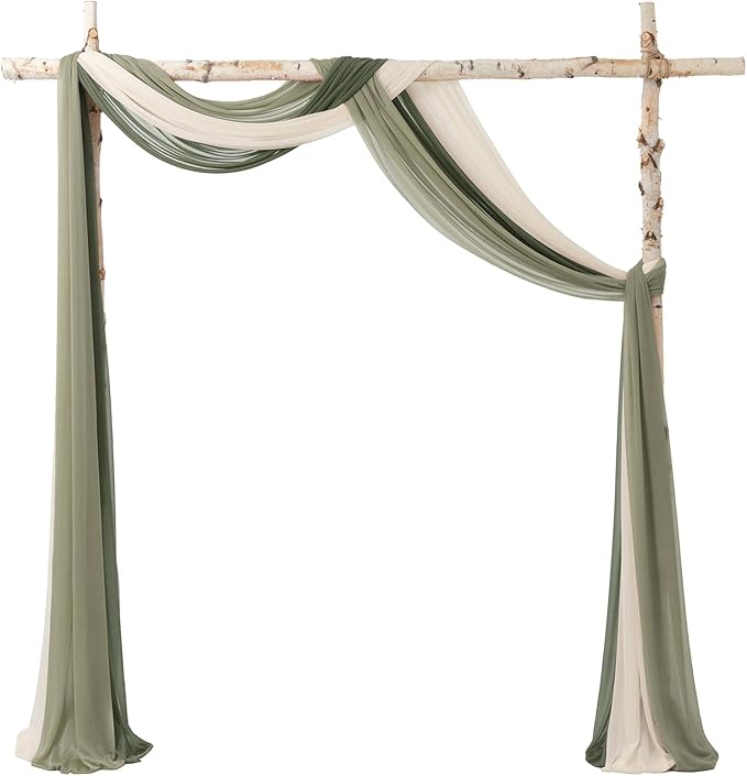 Ling's moment Wedding Arch Draping Fabric 3 Panels 20Ft Sage Green Chiffon Fabric,Sheer Hanging Drapes Arrangement for Wedding Ceremony Backdrop Outdoors Party Swag Home Decor (White & Sage)