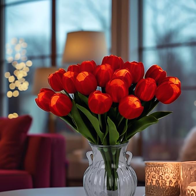 LED Lighted Artificial Tulip Lamp, Real Touch Tulip Flowers, 15 Inch Faux Tulip Bouquet with Battery Operated Lights for Gifts, Christmas,Holiday,Home Kitchedn Wedding Decor (Red)