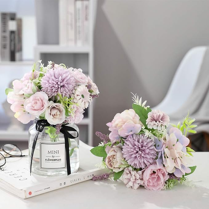 Nubry 3pcs Artificial Flowers Bouquet Fake Peony Silk Hydrangea Wildflowers Arrangements with Stems for Wedding Home Centerpieces Decor (Light Purple)
