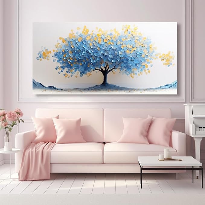 LAVIKARS Modern Tree of Life Wall Art for Living Room Office Navy Blue and Yellow Floral Abstract Landscape Canvas Painting Prints Large Nature Artwork Home Kitchen Bedroom Decor (16x30 Inches)