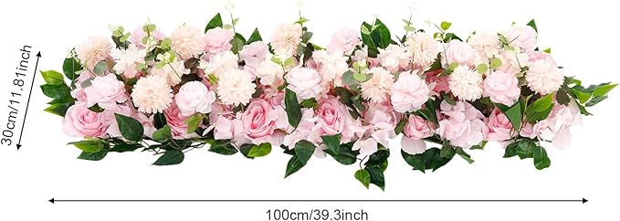 Eapmic Artificial Flower Row, 39.37in Peony Hydrangea Floral Arrangement, Faux Flower Panel Table Centerpiece for Wedding Arch Wall Backdrop Ceremony Reception Home Party Decoration (Pink)