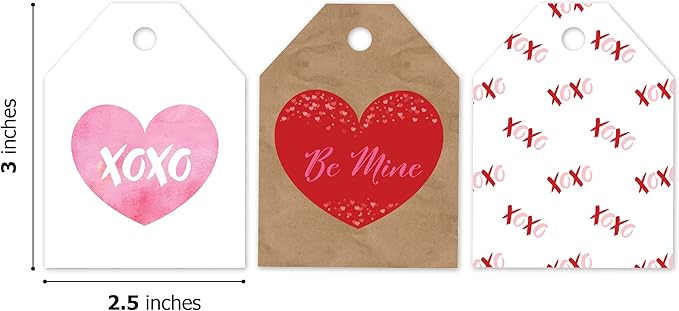 Pro Supply Global 24 Count of 2.5 Inch x 3 Inch Pre Strung XOXO Valentine's Day Gift Tag Assorted Printed Designs on Large Cardstock Gift Hang Tags - Ideal to Use on Bags