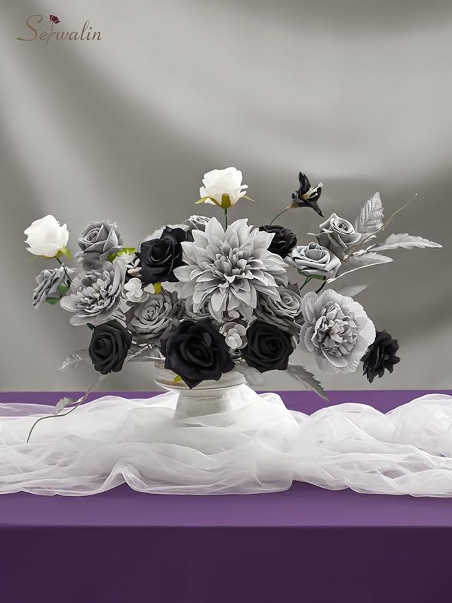 Serwalin Artificial Flowers Grey Fake Flowers Box Set, Silk Flowers with Stems, Faux Wedding Flower Cake Flowers for DIY Wedding Bouquets Bridal Shower Centerpieces Floral Arrangements Decor