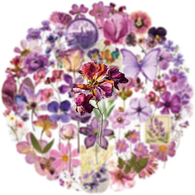 Transparent Aesthetic Purple Flowers Stickers 50 PCS, Waterproof Vinyl Decals for Tumblr, Water Bottles, Laptops, Journals, Scrapbooking, Cute Decorative Stickers for Teens, Girls & Adults