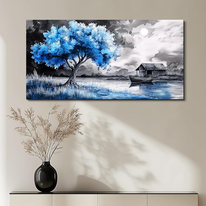 PHAOHUAXM Large Wall Art For Living Room Blue Wall Decor For Bedroom Black White And Blue Trees Wall Pictures Restaurant Office Frame Printing Canvas Large Artwork Modern Home Decoration 30x60 in