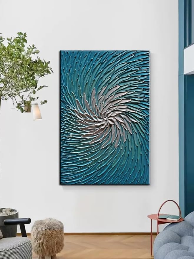 YaSheng Art - Contemporary Art Oil Painting on Canvas 3D Metallic Blue and Silver Texture Abstract Art Pictures Canvas Wall Art Paintings Modern Home Decor Abstract Paintings Ready to hang24x36inch