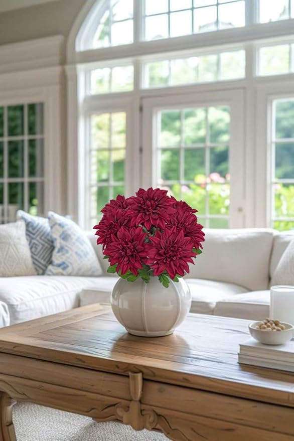 Hollyone Dark Red Artificial Dahlia Flowers Bush 7 Heads Silk Fake Dahlias Flowers with Stems Wedding Bouquets Faux Dahlia Flowers Arrangements for Outdoor Indoor DIY Table Centerpieces Home Decor