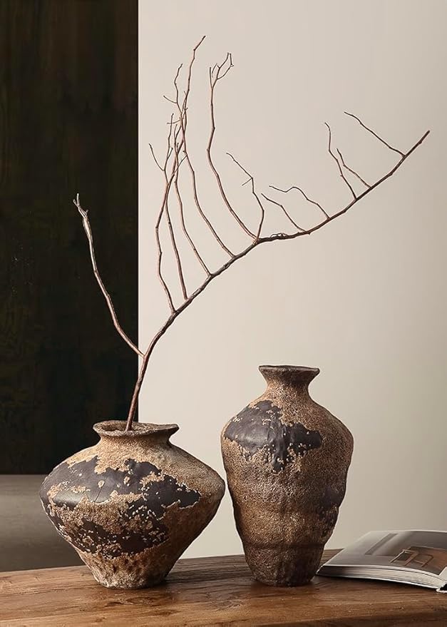 Vintage Rustic Ceramic Vase, 9.8" Tall Textured Pottery Flower Vase for Home Decor, Handmade Terracotta Wabi Sabi Decorative Vase for Living Room, Bedroom, Bathroom Centerpiece