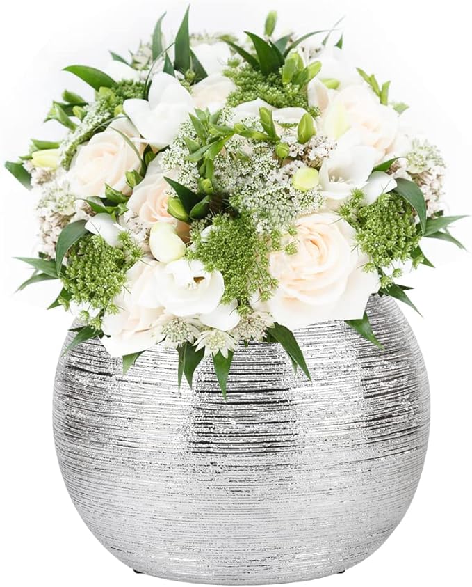 Silver Round Metallic Ceramic Planter Vase Indoor Decorative Centerpieces Flower Pot Sphere Plant Pot