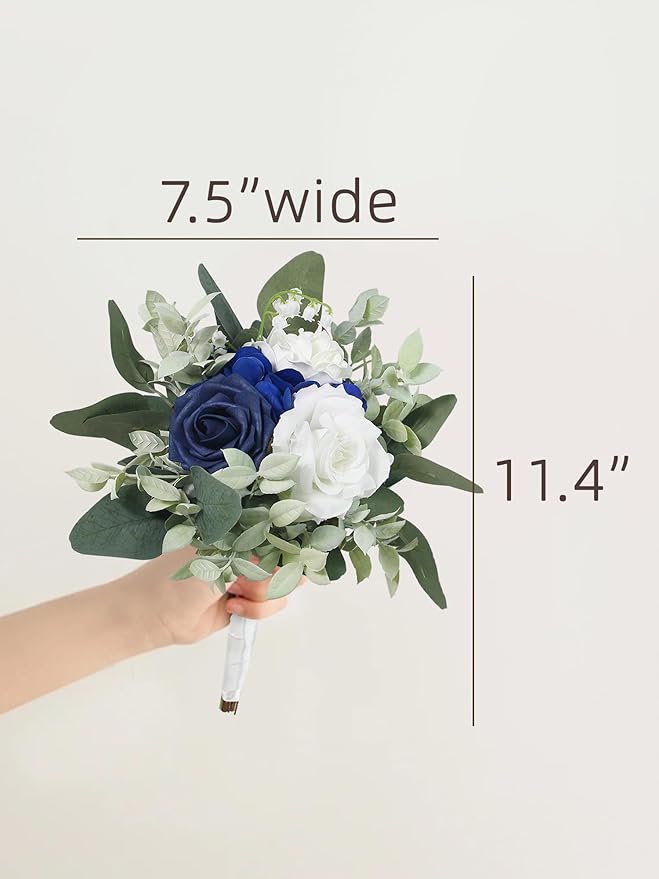 Rinlong Navy Blue Bridesmaids Bridal Bouquet Artificial Wedding Bouquets for Bride Bridesmaid Silk Bouquet for Wedding Prom Homecoming 7.5 Inches