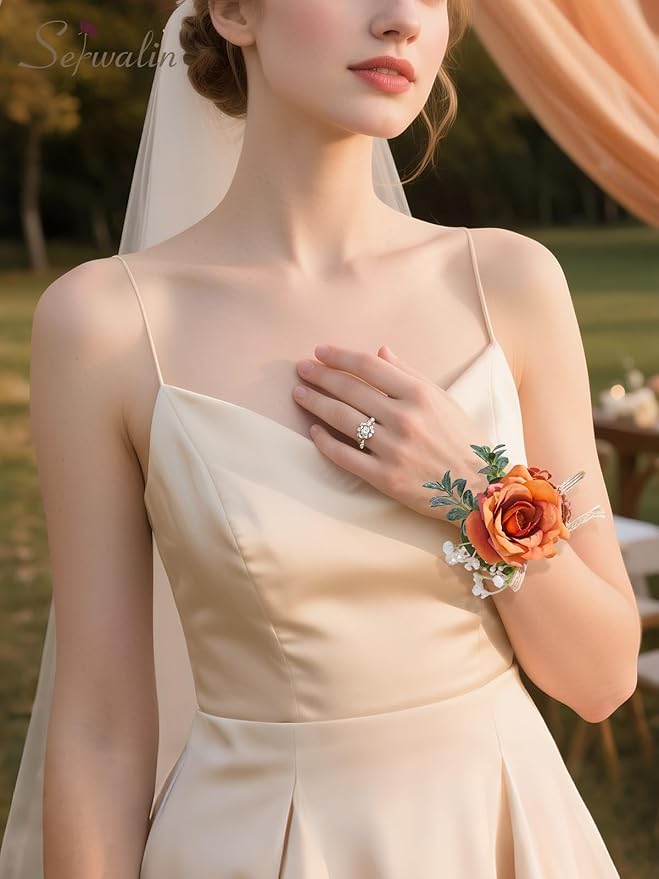 Serwalin Orange Corsage and Boutonniere Set, Boutonniere and Wrist Corsage Wristlet Prom Homecoming Wedding Flowers Accessories Prom Suit Decorations (Orange)