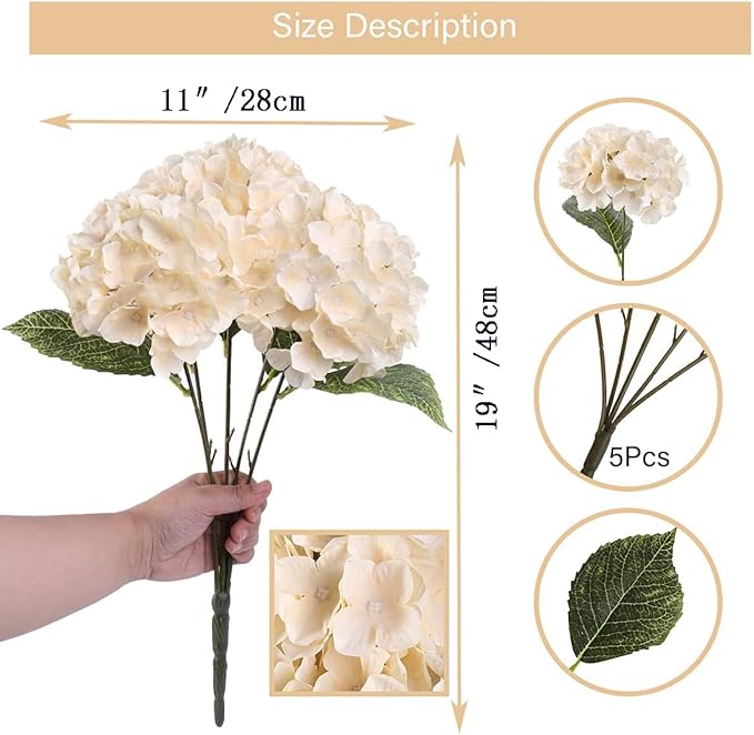 2Bouquets Artificial Fake Flowers Plants Silk Hydrangea Arrangements Wedding Bouquets Decorations Plastic Floral Home Kitchen Garden Party Festival Bar DIY (Cream,5 Flower Heads)