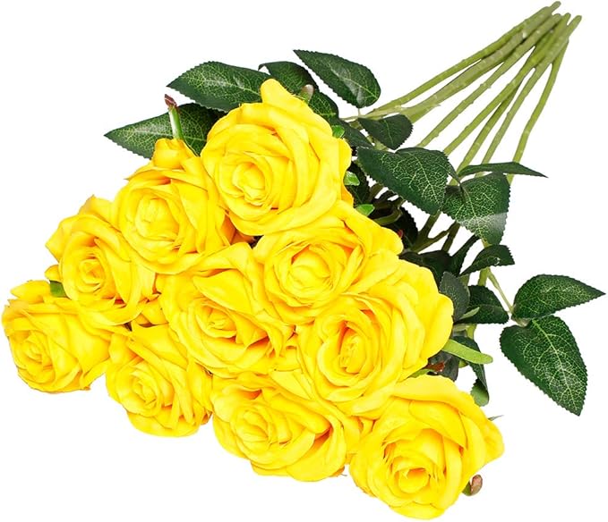 Nubry Artificial Silk Rose Flower Bouquet Lifelike Fake Rose for Wedding Home Party Decoration Event Gift 10pcs (Yellow)