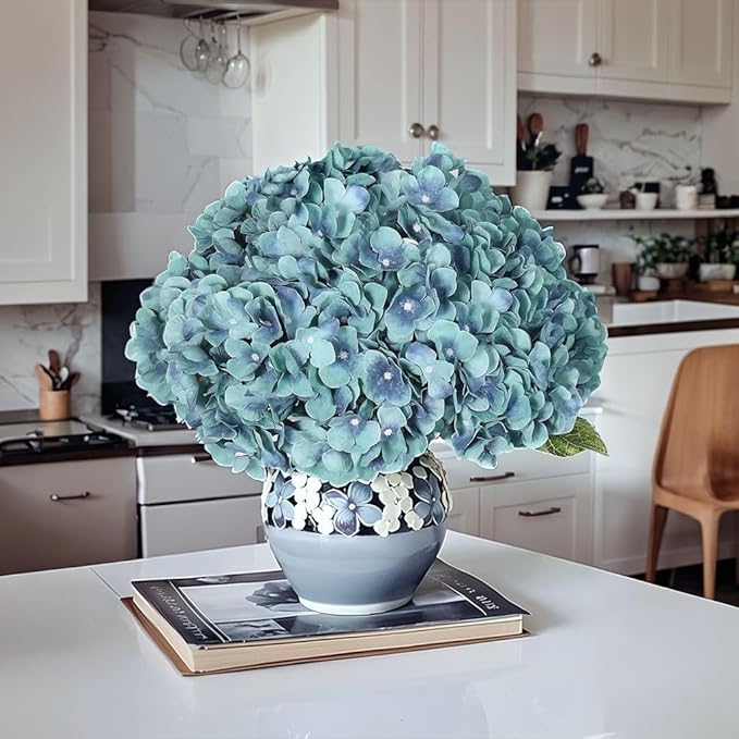 2Bouquets Artificial Fake Flowers Plants Silk Hydrangea Arrangements Wedding Bouquets Decorations Plastic Floral Home Kitchen Garden Party Festival Bar DIY (Acid Blue,5Flower Heads)