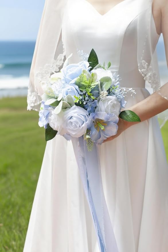 Dusty Blue & White Wedding Bouquets for Bride Bridesmaids, Bridal Bouquet for Wedding Silk Artificial Flowers