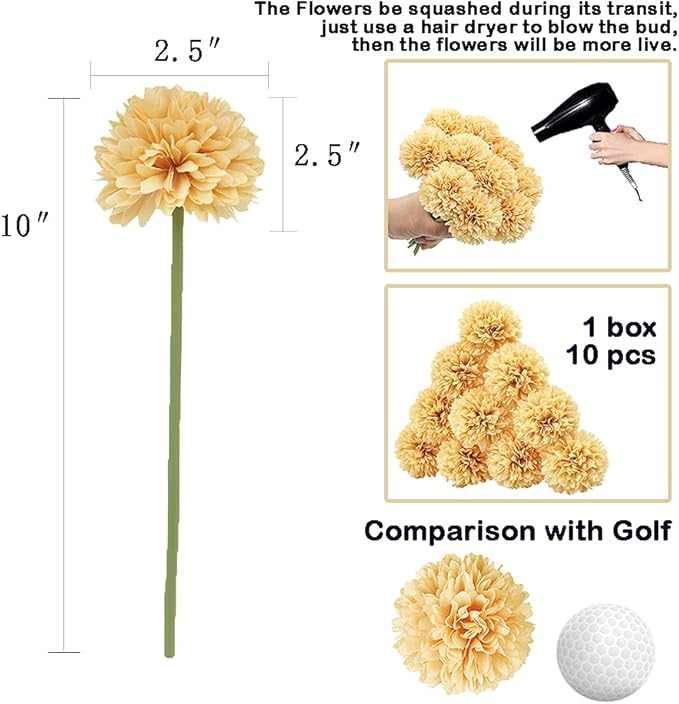 10Pcs Artificial Fake Flower Plants Silk Chrysanthemum Ball Hydrangea Arrangements Wedding Bouquets Decor Home Kitchen Garden Party Table Floral Centerpieces DIY (Beige)
