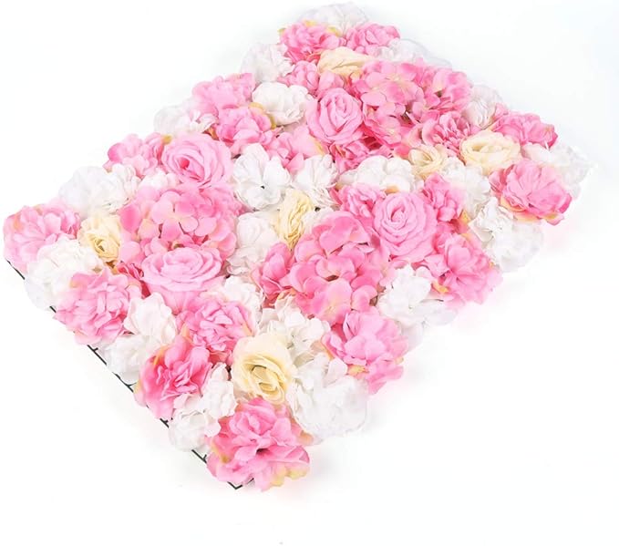 16"x 24" Artificial Flower Wall Panels,Flower Wall Mat Silk Flower Panels for Outdoor Garden Backyard Fence Fence Privacy Screen and Indoor Wall Decor(12Pcs Pink+Light Yellow+White)