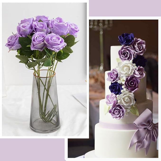 Jasion 12PCS Artificial Roses Realistic Velvet Silk Flowers Long Stem Faux Flowers Bouquet for Wedding Home Party Table Centerpieces Decorations (Light Purple)