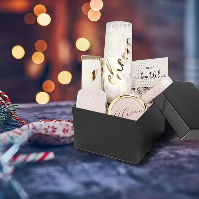 Briful Square Gift Boxes with Lids Set of 4 Black Gift Box Assorted Sizes Nesting Gift Boxes for Presents Birthday Bridesmaid Wedding Valentines Christmas Party Favor Boxes