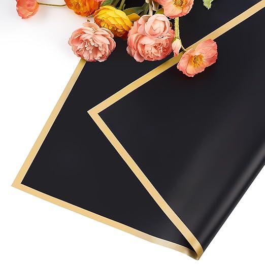 Jutieuo 20 Sheets Black Flower Wrapping Paper, Waterproof Floral Wrap Gold Edge Bouquet Wrapping Paper Florist Supplies (22.8 x 22.8 inch)