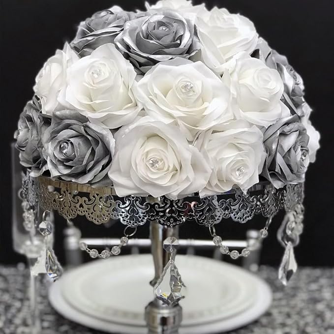 12 PCS Artificial Flowers Silver Roses, Silk Flowers Fake Long Stem Artificial Roses for Home Wedding Bathroom Kitchen Decorations (Silver)