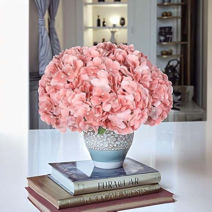 2Bouquets Artificial Fake Flowers Plants Silk Hydrangea Arrangements Wedding Bouquets Decorations Plastic Floral Home Kitchen Garden Party Festival Bar DIY(Light Coral Pink)